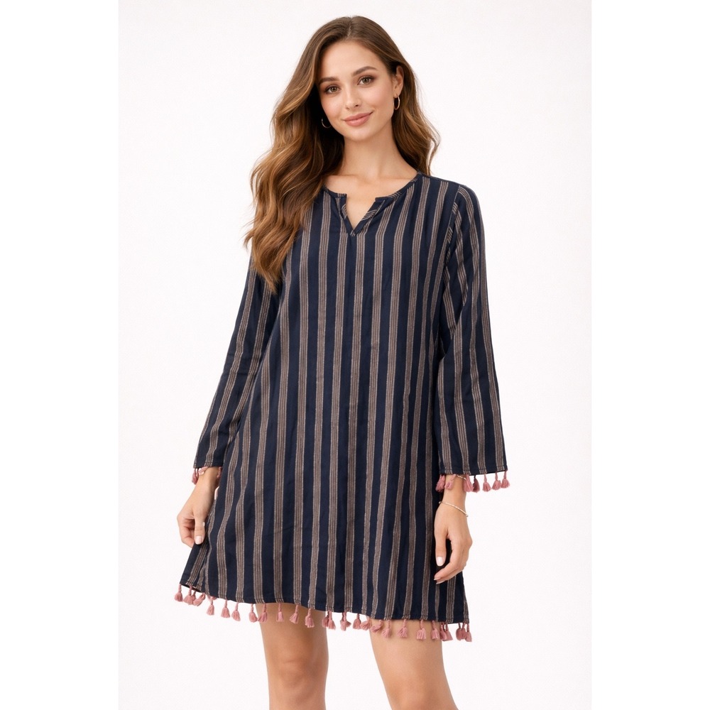 Andree by Unit Blue Striped Fringe  Tassels Boho  Mini Dress Size‎ L
